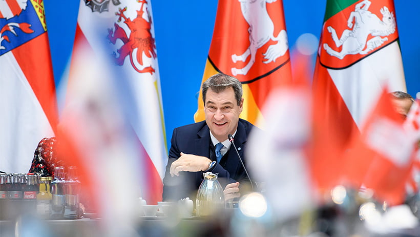 Ministerpräsident Dr. Markus Söder, MdL, spricht bei einer Konferenz der Regierungschefinnen und Regierungschefs der Länder in der Bayerischen Vertretung in Berlin.